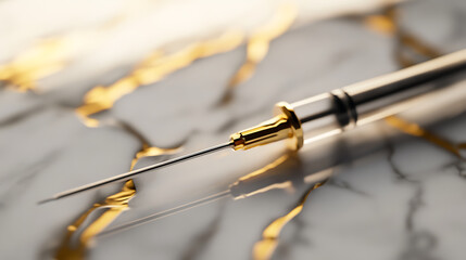 Naklejka premium A macro shot captures a hypodermic needle on a marbled surface with gold veining. The focus highlights the needle's precision against the elegant backdrop, symbolizing healthcare.