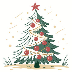 Vector illustration of a green Christmas tree with gifts and snowflakes, perfect for a winter holiday celebration card design