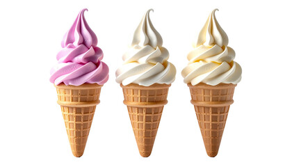 Three soft-serve ice cream cones, different pastel colors