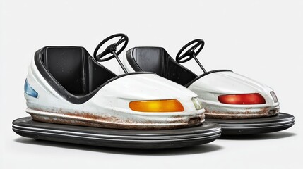 Vintage bumper cars with faded paint and rust, showcasing classic amusement park rides, positioned on a white background, evoking nostalgia and childhood memories of fun and excitement
