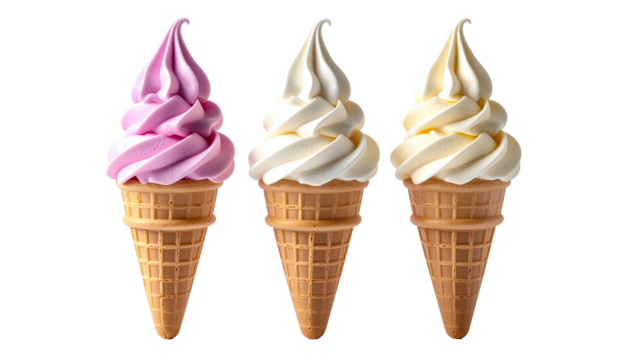 Three soft-serve ice cream cones, different pastel colors