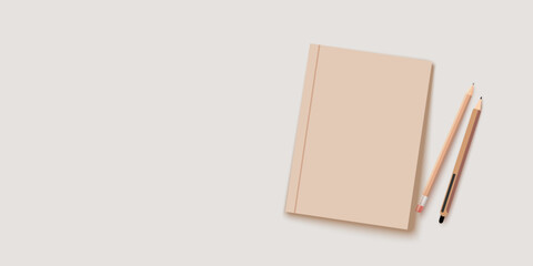Beige notebook with pencil and pen on beige background. Vector banner mockup for design.