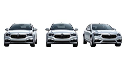 Three silver sedans displayed against a stark black background