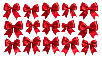 Fifteen bright, satin, red bows arranged on a black background