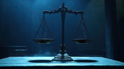 Justice scales, dimly lit courtroom, balanced scales, legal concept