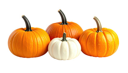Group of three orange and one white pumpkins on black background
