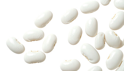 Scattered, creamy white lima beans over a stark black backdrop
