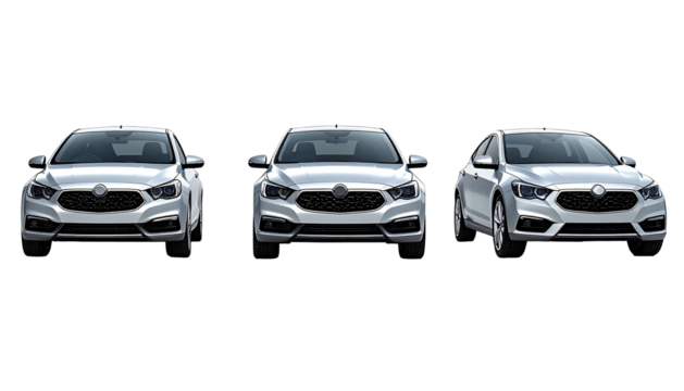Three silver sedans displayed against a stark black background