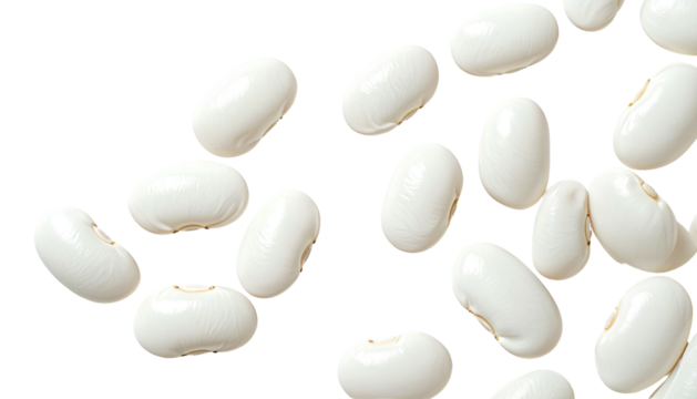 Scattered, creamy white lima beans over a stark black backdrop