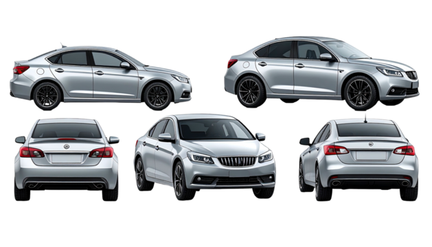 Silver sedan views sides, front, back, angled. Black background