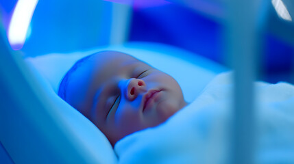 A newborn under phototherapy, gently sleeping in a hospital crib, bathed in blue light. Focused on treatment, care, and the fragile beauty of new life, radiating serenity.