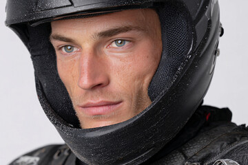 Portrait of male bobsleigh pilot wearing helmet after competition run