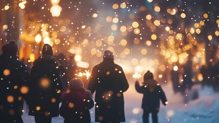 A festive winter scene with people walking through a snowy city street illuminated by holiday lights