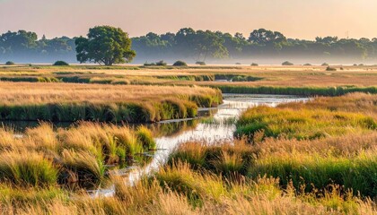Golden Hour Sunrise Over Wetland Marsh With Single Tree On Grassy Hill Under Hazy Blue Sky