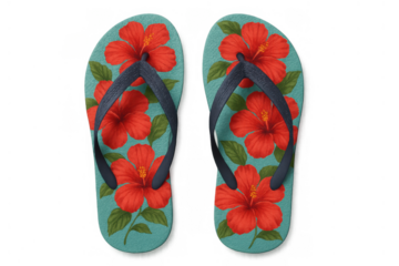 Pair of mint green flip-flops showcasing beautiful red hibiscus flower design, ideal for summer, holidays, and warm weather