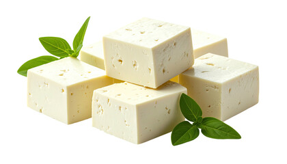 Cubed cheese pile with fresh basil sprigs; isolated object