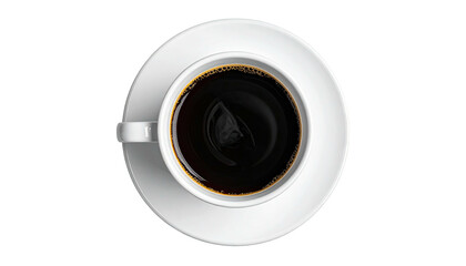 Top view of dark coffee in white cup & saucer against black