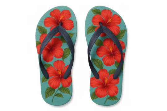 Pair of mint green flip-flops showcasing beautiful red hibiscus flower design, ideal for summer, holidays, and warm weather
