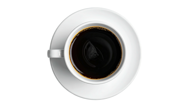 Top view of dark coffee in white cup & saucer against black