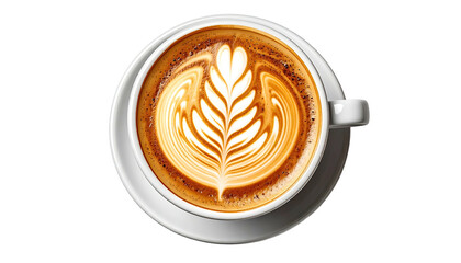 Latte art fern design in cup, overhead view, brown and white