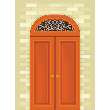 Orange wooden double doors with arched transom window featuring intricate scrollwork set against a textured beige brick wall