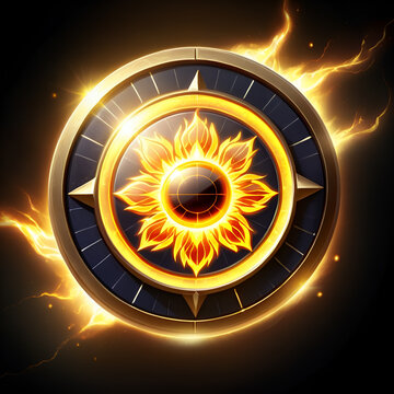Vibrant golden sunburst emblem radiates powerful energy and dynamic light, evoking strength and innovation.