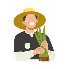 Smiling rice farmer holding paddy seedlings with traditional hat. Flat character illustration isolated on white background