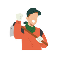 Motivated and cheerful farmer character carrying hoe on shoulder. Flat illustration isolated on white background