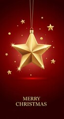 Golden Christmas star ornament on red background with Merry Christmas text