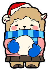 Cute Sheep Building Snowman with Santa Hat