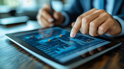 Fototapeta premium A focused person examines graphs on a tablet during work hours