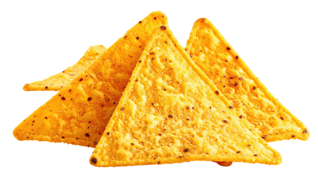 Stacked triangular corn chips with rough texture on black