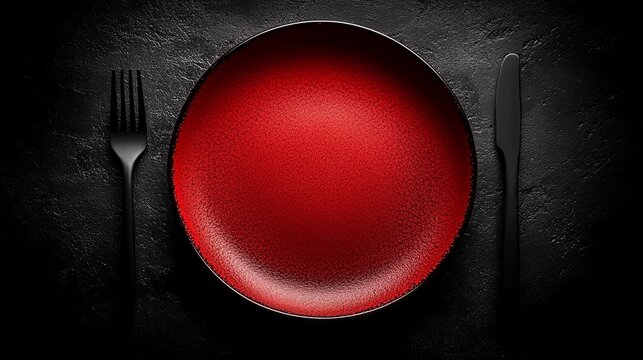 A red plate on a dark surface, paired with sleek black cutlery, invites culinary creativity