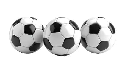 Three classic black and white soccer balls aligned on a black background