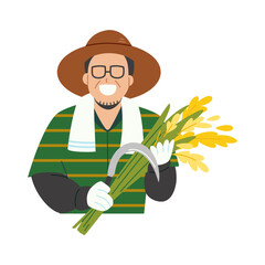 Smiling Asian farmer with rice harvest and sickle. Flat character illustration isolated on white background