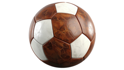 Worn brown/white soccer ball; patched surface details
