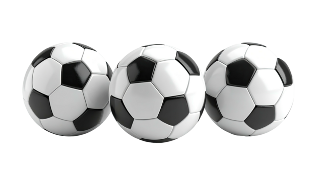 Three classic black and white soccer balls aligned on a black background - Powered by Adobe