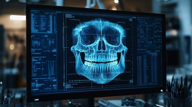 Close examination of a skull's X-ray displayed on a monitor for analysis