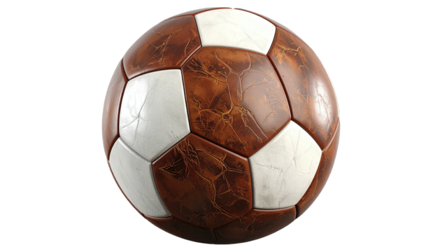 Worn brown/white soccer ball; patched surface details