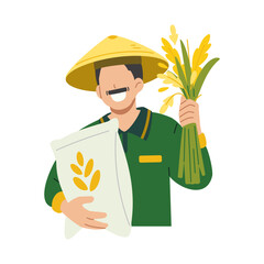 Happy Asian mustached farmer holding rice sack while showing his harvested paddy. Flat character illustration isolated on white background