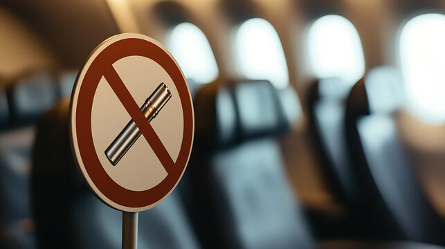 No smoking on the plane. The sign reminds passengers of the policy.  It is located in the cabin aisle, with seats and windows visible in the background, with the prohibition clearly displayed.