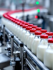 Obraz premium Fresh milk bottles with red caps on automated production line in dairy factory, showcasing industrial food processing technology.