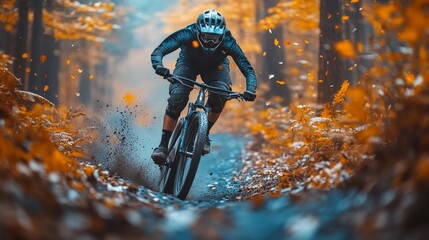 A cyclist navigates rough terrain in a colorful autumn forest