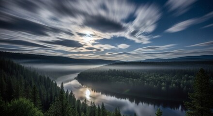 Fototapeta premium A winding river flows through a dense forest under a moonlit sky with streaking clouds