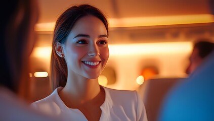 Young Asian businesswoman smiling confidently during evening meeting with warm ambient lighting creating professional atmosphere for corporate networking event.