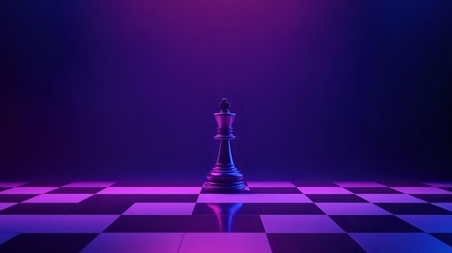 Chess queen piece standing alone on purple and black checkered board with dramatic neon lighting creating mysterious atmosphere.