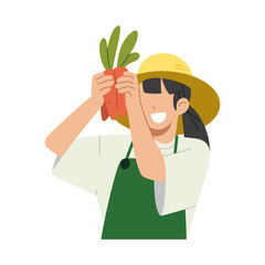 Happy young female farmer holding carrot harvest with apron and wide-brim hat. Flat character illustration isolated on white background