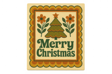 Merry christmas vintage retro greeting card with festive tree, flowers, and scalloped frame design