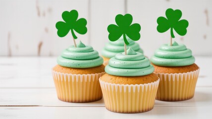 St patrick's day cupcakes with green frosting and shamrock toppers on a white wood surface close up view