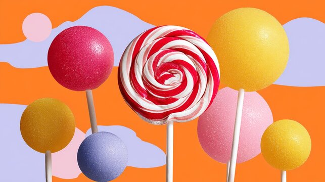 Colorful assortment of candy lollipops and round sweets on sticks against a vibrant orange background, creating a playful and cheerful atmosphere for festive celebrations and sweet treats
